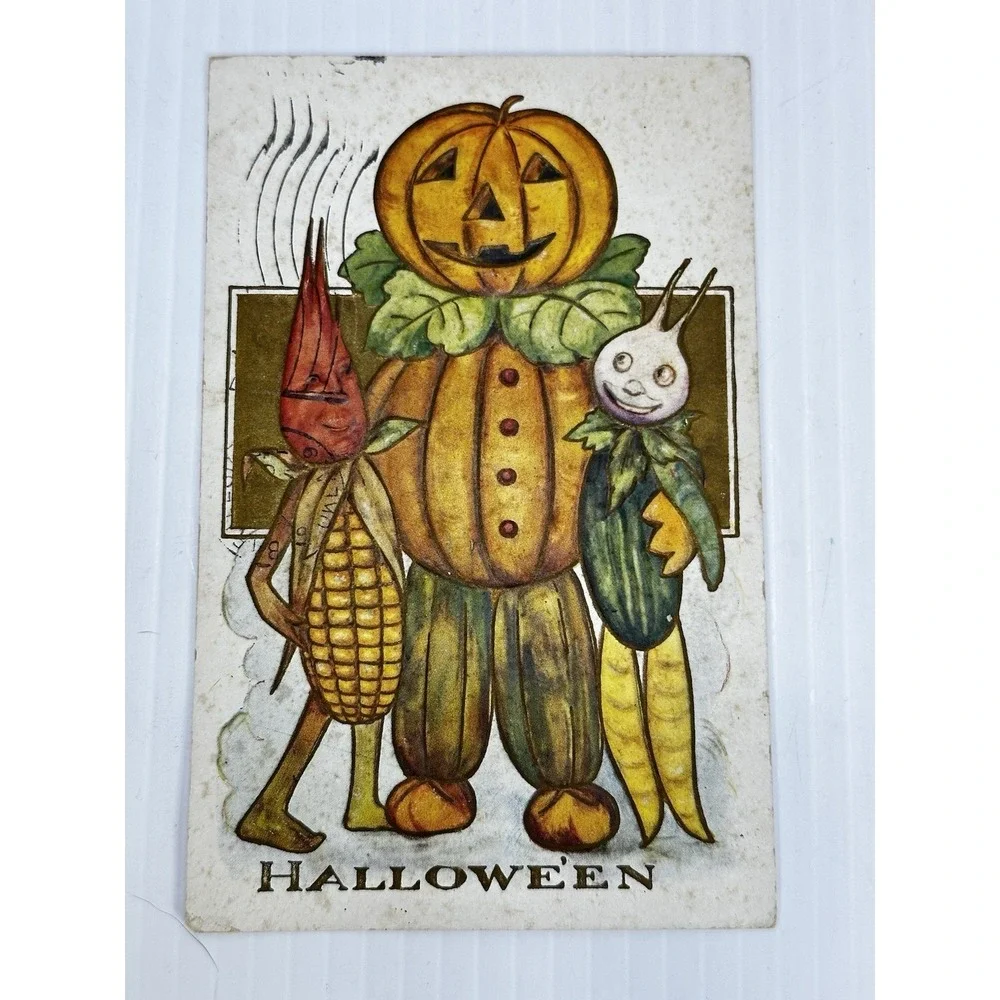 Vintage Halloween Postcard‎ Anthropomorphic Vegetables Pumpkin Beet Turnip